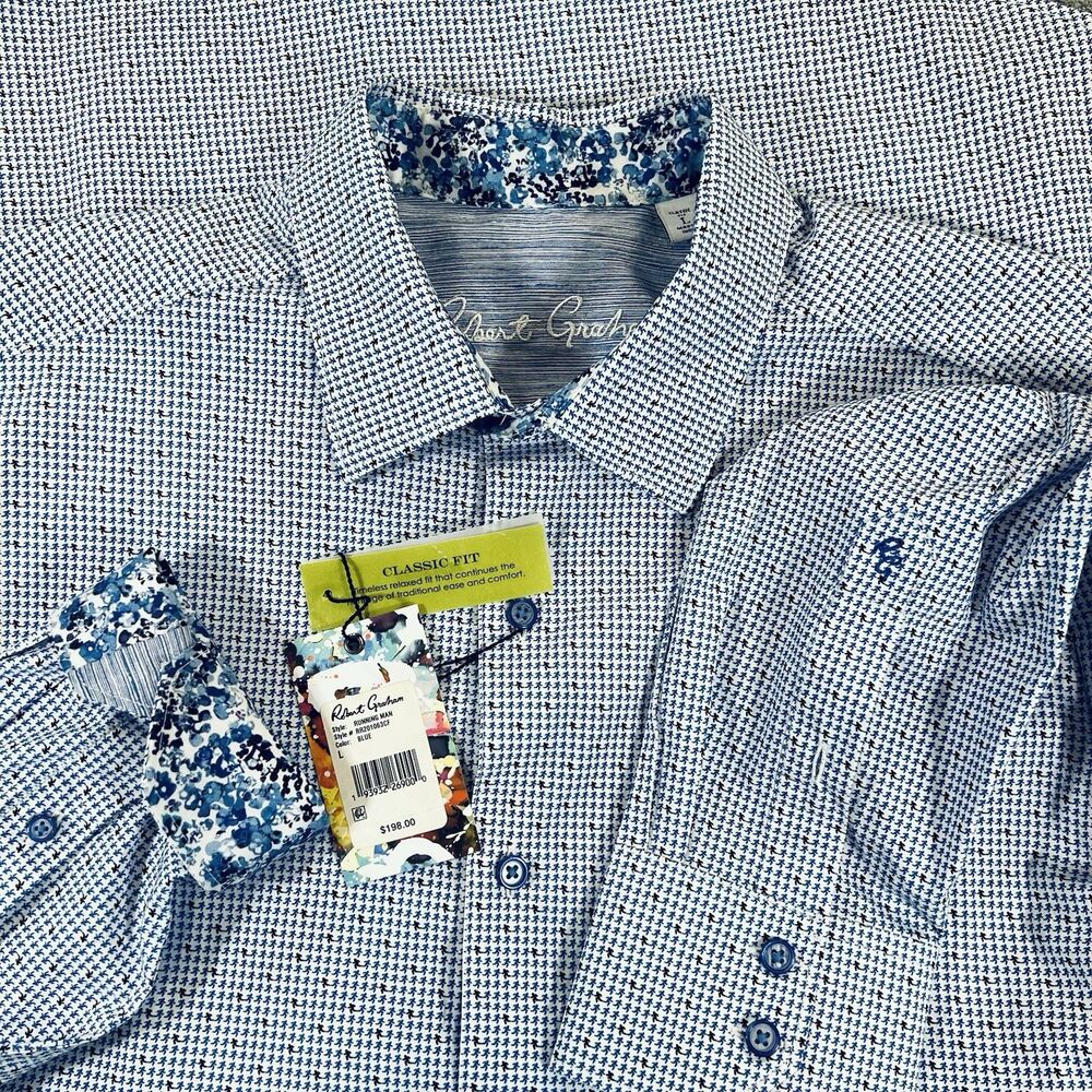 Robert Graham Running Man Long Sleeve Button Down Shirt Large NEW Blue & White